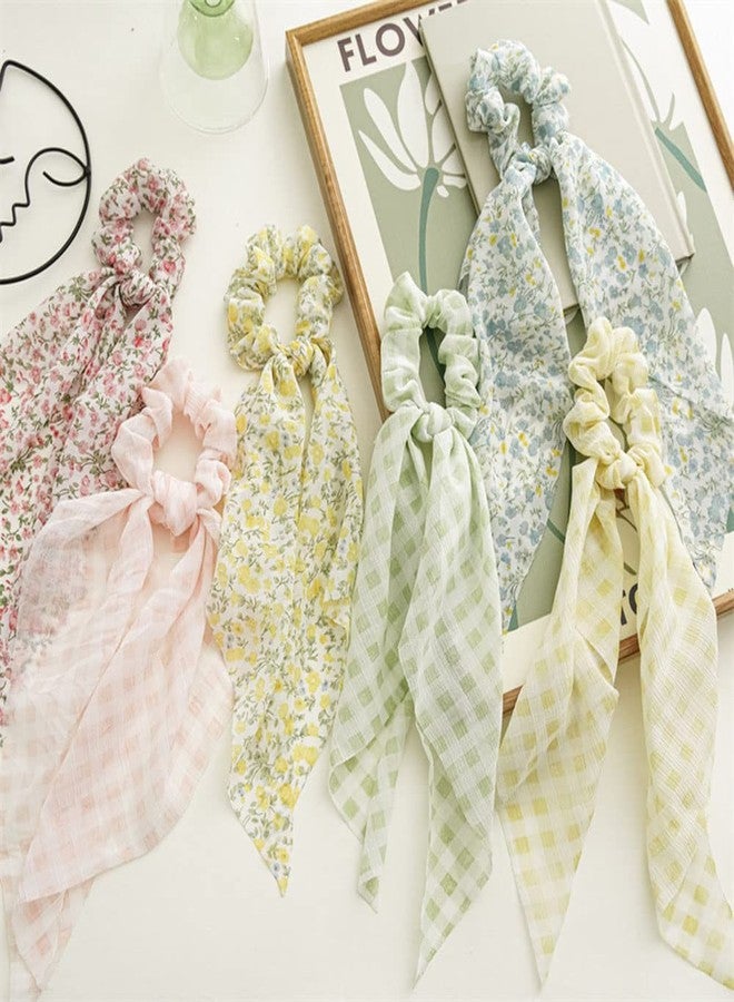 DINPREY Pink Yellow Blue Hair Scarf Scrunchies for Women Girls, Bowknot Scrunchies for Hair, Chiffon Floral Scrunchie Long Hair Bands Ties Ponytail Holder (6PCS Flower and Plaid) - Image 3
