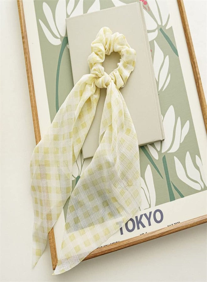 DINPREY Pink Yellow Blue Hair Scarf Scrunchies for Women Girls, Bowknot Scrunchies for Hair, Chiffon Floral Scrunchie Long Hair Bands Ties Ponytail Holder (6PCS Flower and Plaid) - Image 5