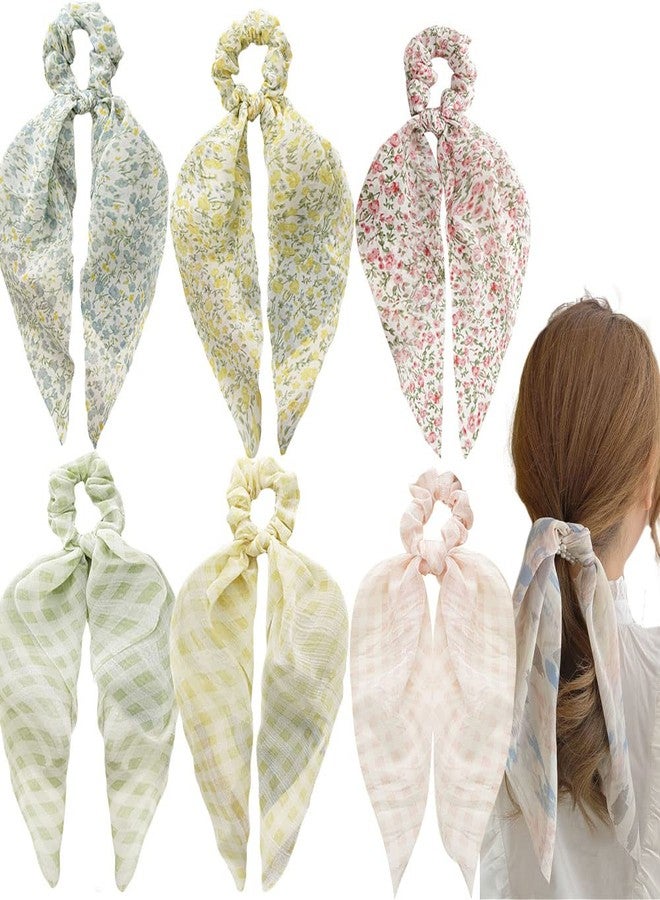 DINPREY Pink Yellow Blue Hair Scarf Scrunchies for Women Girls, Bowknot Scrunchies for Hair, Chiffon Floral Scrunchie Long Hair Bands Ties Ponytail Holder (6PCS Flower and Plaid) - Image 1