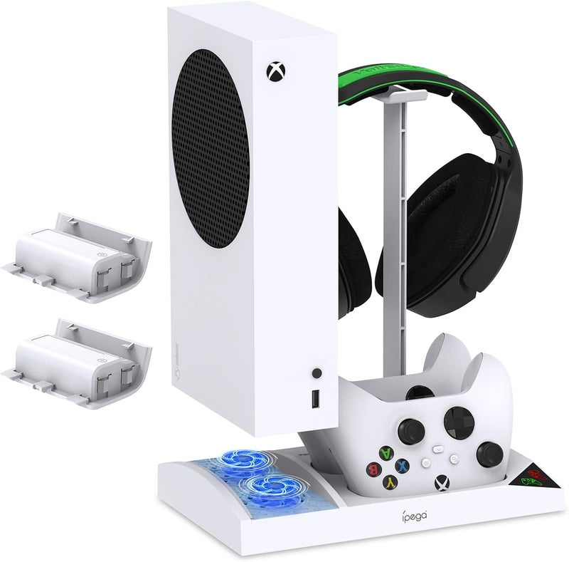FYOUNG Upgraded Vertical Cooling Fan Stand for Xbox Series S, Cooler Fan System Dual Controller Charging Dock Station with 2 x 1400mAh Rechargeable Battery Pack, Headphone Bracket for Xbox Series S (White) - Image 1