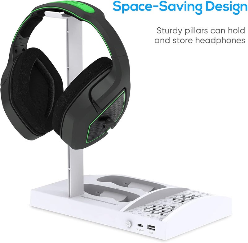 FYOUNG Upgraded Vertical Cooling Fan Stand for Xbox Series S, Cooler Fan System Dual Controller Charging Dock Station with 2 x 1400mAh Rechargeable Battery Pack, Headphone Bracket for Xbox Series S (White) - Image 2