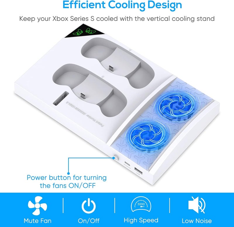 FYOUNG Upgraded Vertical Cooling Fan Stand for Xbox Series S, Cooler Fan System Dual Controller Charging Dock Station with 2 x 1400mAh Rechargeable Battery Pack, Headphone Bracket for Xbox Series S (White) - Image 4