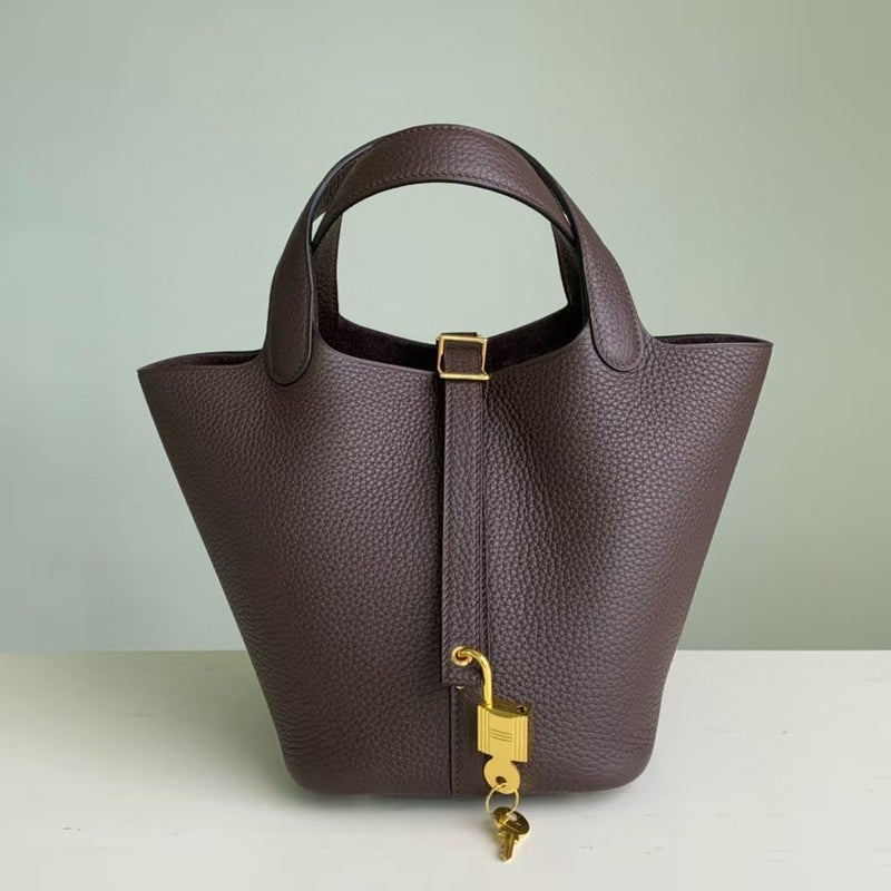 18cm Wax Line Hand Sewed TC Top Layer Cowhide Vegetable Basket Bag Bucket Bag Genuine Leather Womens Bag Handbag Ebony color 