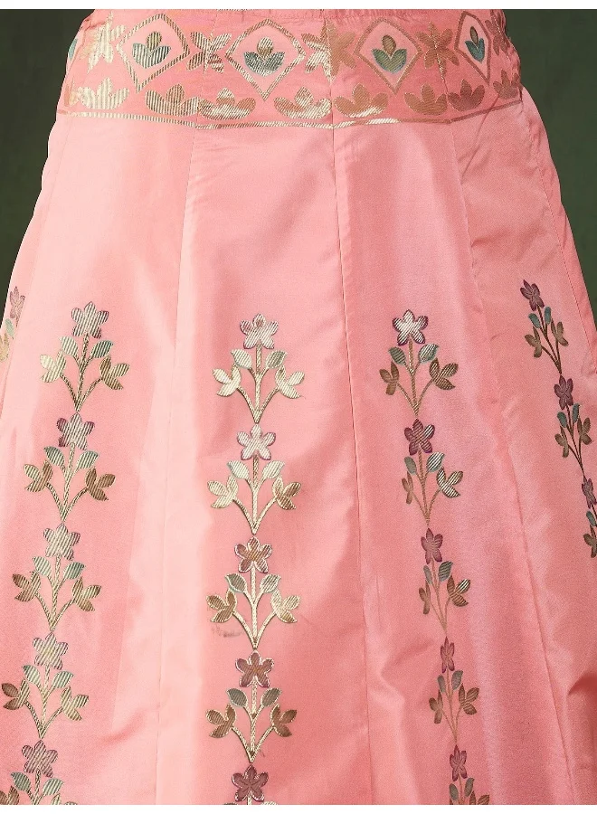 AKS Peach Placement Print Jacquard Lehenga Choli
