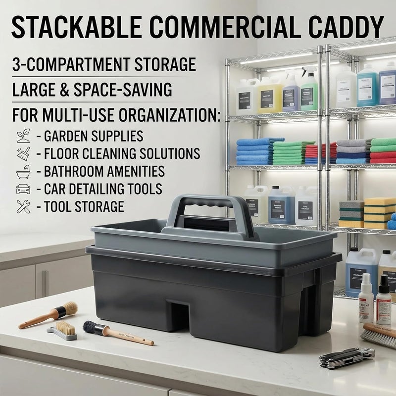 Haundry 3-Compartment Plastic Cleaning Caddy Basket – Stackable Large Commercial Quality Plastic Tool Organizer Bucket with Handle, Black - Image 3