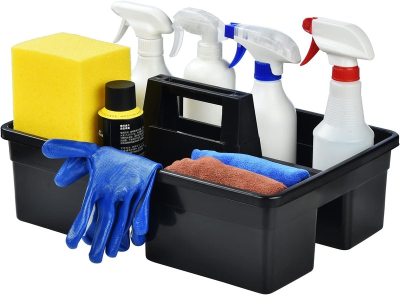 Haundry 3-Compartment Plastic Cleaning Caddy Basket – Stackable Large Commercial Quality Plastic Tool Organizer Bucket with Handle, Black - Image 1