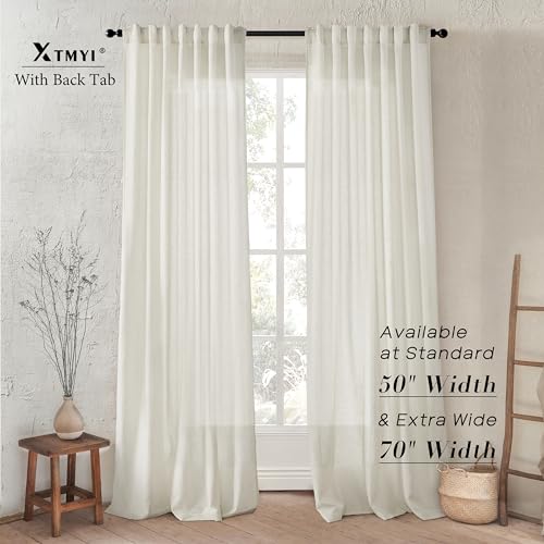 XTMYI 108 Inch Linen Curtains 2 Panels,With Heading Tape Hooks for Track System Back Tab,Stone Washed Cotton Flax Weave Sheer Extra Long Curtain for Living Room Bedroom,9FT 9 FT,Cream(Ivory/Off White) - Image 2