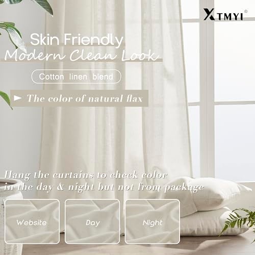 XTMYI 108 Inch Linen Curtains 2 Panels,With Heading Tape Hooks for Track System Back Tab,Stone Washed Cotton Flax Weave Sheer Extra Long Curtain for Living Room Bedroom,9FT 9 FT,Cream(Ivory/Off White) - Image 4