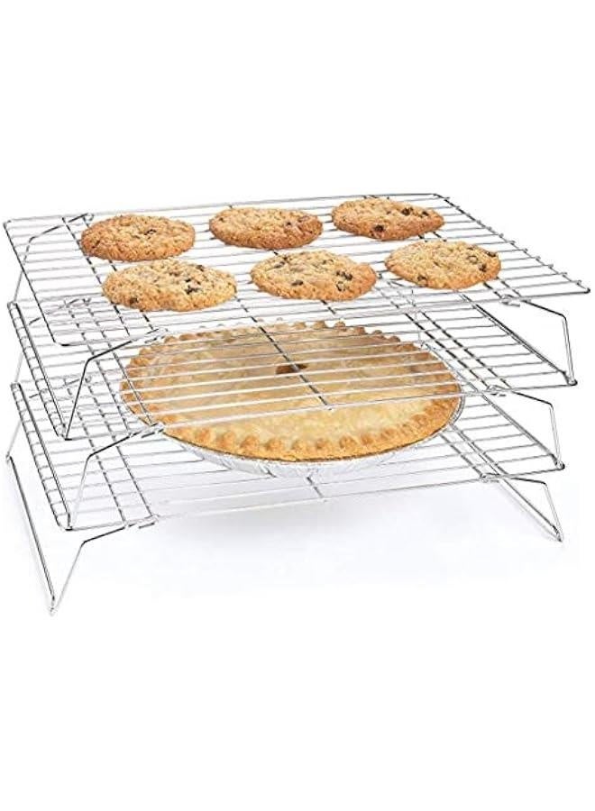 Stainless Steel Baking Rack, 3 Tier Cooling Rack, Stackable Cooling Rack Set with foldable Folding Legs for Cookies Cakes Kitchen Baking Cooking Grilling, 3 Tier Cooling Rack, Stainless Steel Bak - Image 1