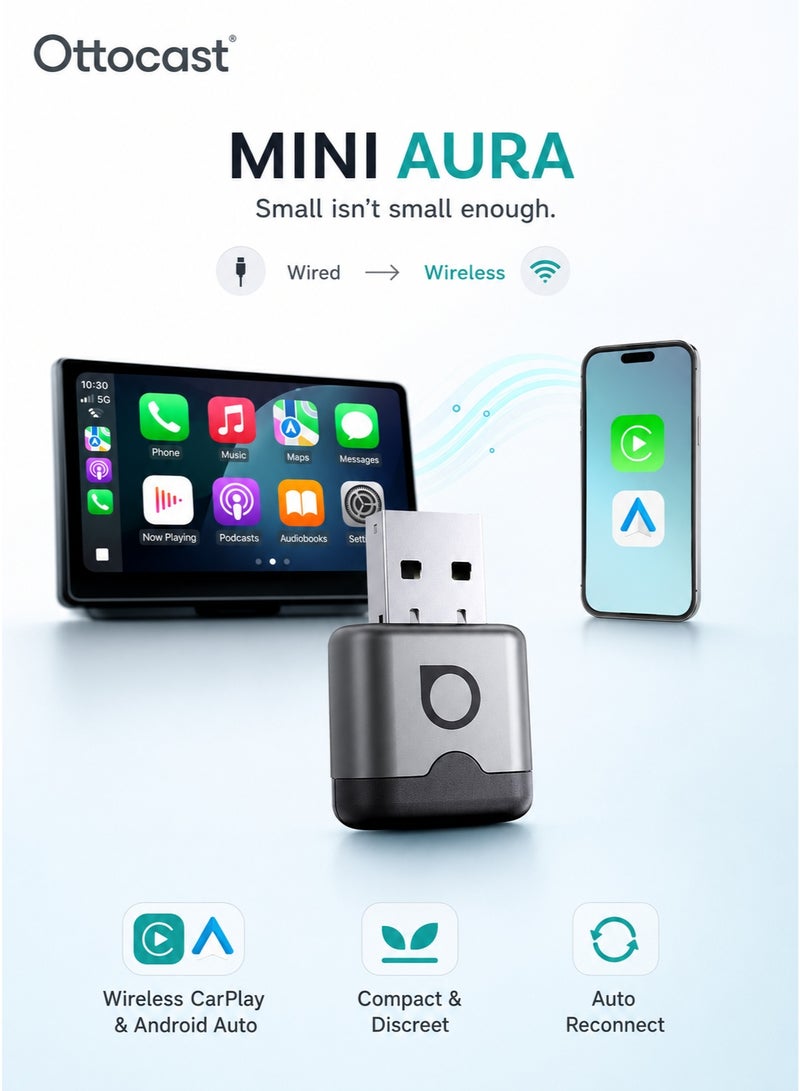 Ottocast Otto Wireless Mini Aura Wireless CarPlay & Android Auto Adapter, Convert Factory Wired CarPlay/Android Auto to Wireless, Plug & Play, Auto Reconnect, WiFi 4 2.4GHz/5GHz, Bluetooth 4.2, Compact USB Car Adapter for iPhone & Android - Image 1