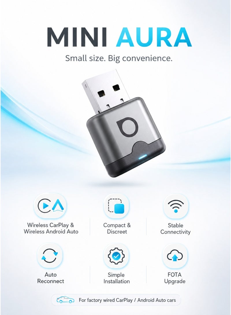 Ottocast Otto Wireless Mini Aura Wireless CarPlay & Android Auto Adapter, Convert Factory Wired CarPlay/Android Auto to Wireless, Plug & Play, Auto Reconnect, WiFi 4 2.4GHz/5GHz, Bluetooth 4.2, Compact USB Car Adapter for iPhone & Android - Image 2