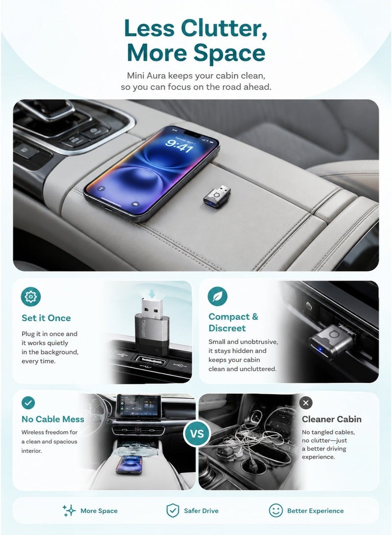 Ottocast Otto Wireless Mini Aura Wireless CarPlay & Android Auto Adapter, Convert Factory Wired CarPlay/Android Auto to Wireless, Plug & Play, Auto Reconnect, WiFi 4 2.4GHz/5GHz, Bluetooth 4.2, Compact USB Car Adapter for iPhone & Android - Image 5