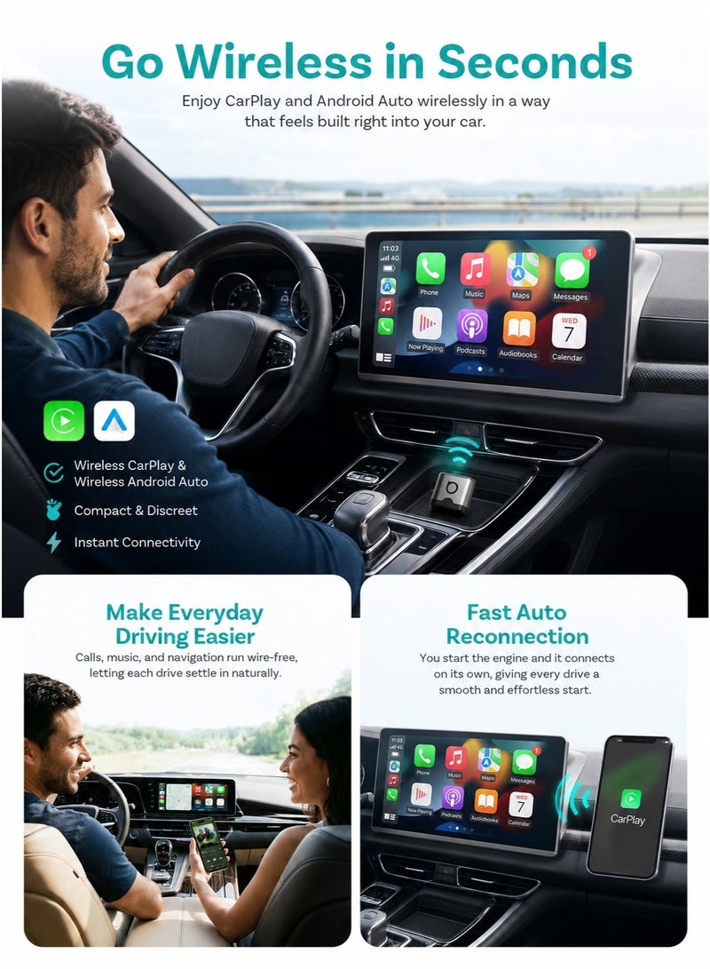 Ottocast Otto Wireless Mini Aura Wireless CarPlay & Android Auto Adapter, Convert Factory Wired CarPlay/Android Auto to Wireless, Plug & Play, Auto Reconnect, WiFi 4 2.4GHz/5GHz, Bluetooth 4.2, Compact USB Car Adapter for iPhone & Android - Image 4