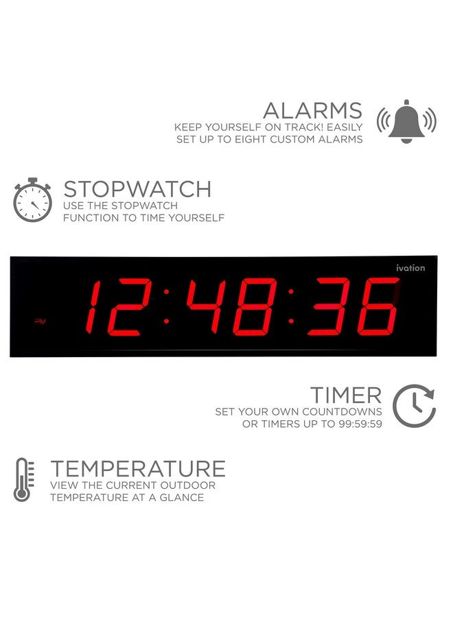 ايفيشن ساعة ليد رقمية كبيرة الحجم من إيفيشن مقاس 24 بوصة مزودة بساعة إيقاف ومنبه ومؤقت تنازلي ودرجة حرارة - للتثبيت على الرف أو الحائط (أحمر) | سطوع بـ 6 مستويات وثقوب تثبيت وأدوات تثبيت - Image 2