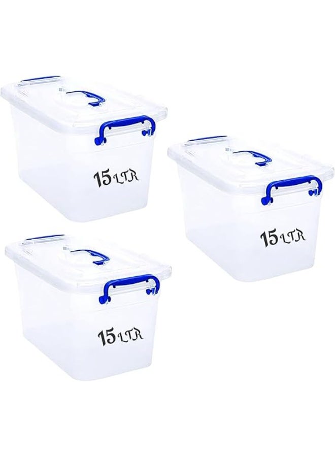 هيواري مجموعة صناديق تخزين بلاستيكية شفافة من HIWARE سعة 15 لترًا، 3 قطع، بأغطية قابلة للقفل | حاويات تنظيم شفافة للملابس والألعاب والأدوات والفنون والحرف اليدوية | حل تخزين قابل للتكديس بمقابض (3 × 15 لترًا) - Image 1