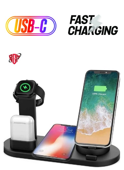 Wireless Charger,6 in 1 Wireless Fast Charging, Stand for Apple Watch Series 6/SE/5/4/3/2/1, Qi Wireless Charging Dock for iPhone 12/11/Pro/Max/XS/Max/XR/XS/X, For Air-pods Pro/3/2/1 Black