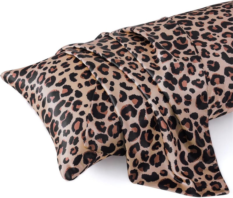 MR&HM Satin Body Pillow Cover, Soft and Breathable Body Pillow Case with Envelope Closure, Cooling and Silky Long Pillowcase for Hair and Skin,Grey (20x54, Brown Leopard) - Image 1