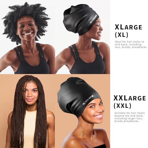Keary Extra Large Swim Cap for Braids and Dreadlocks Afro Hair Weaves Long Hair, Waterproof Silicone Cover Ear Bath Pool Shower Swimming Cap for Women Men Youth Adult Kids Girl to Keep Hair Dry, Black - Image 2