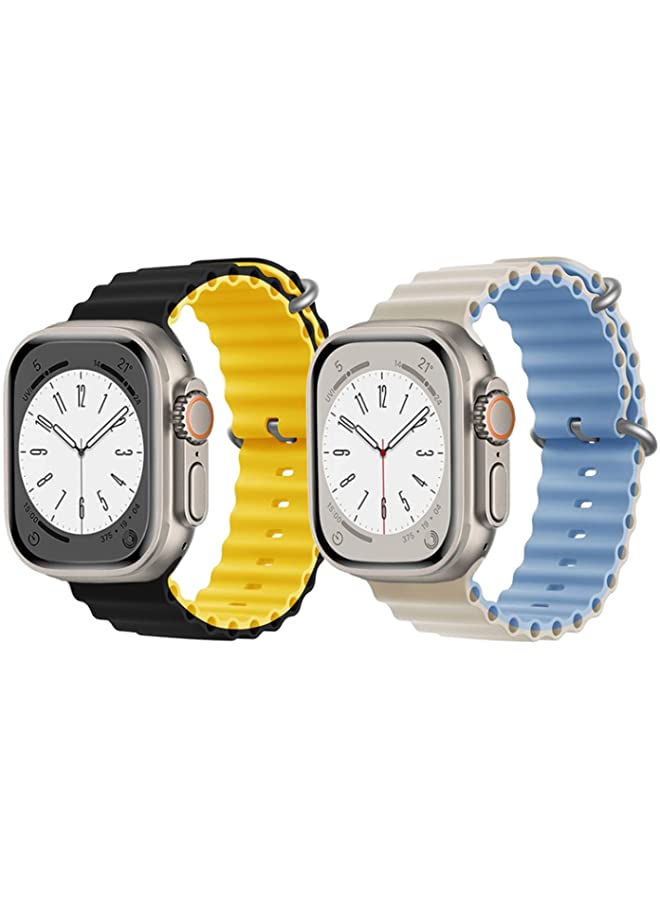 IAF Silicone Ocean Band Strap for Apple Watch Ultra 8 49mm Black/Yellow Double Side Strap with Beige/Sky Blue Double Side Strap Set of 2