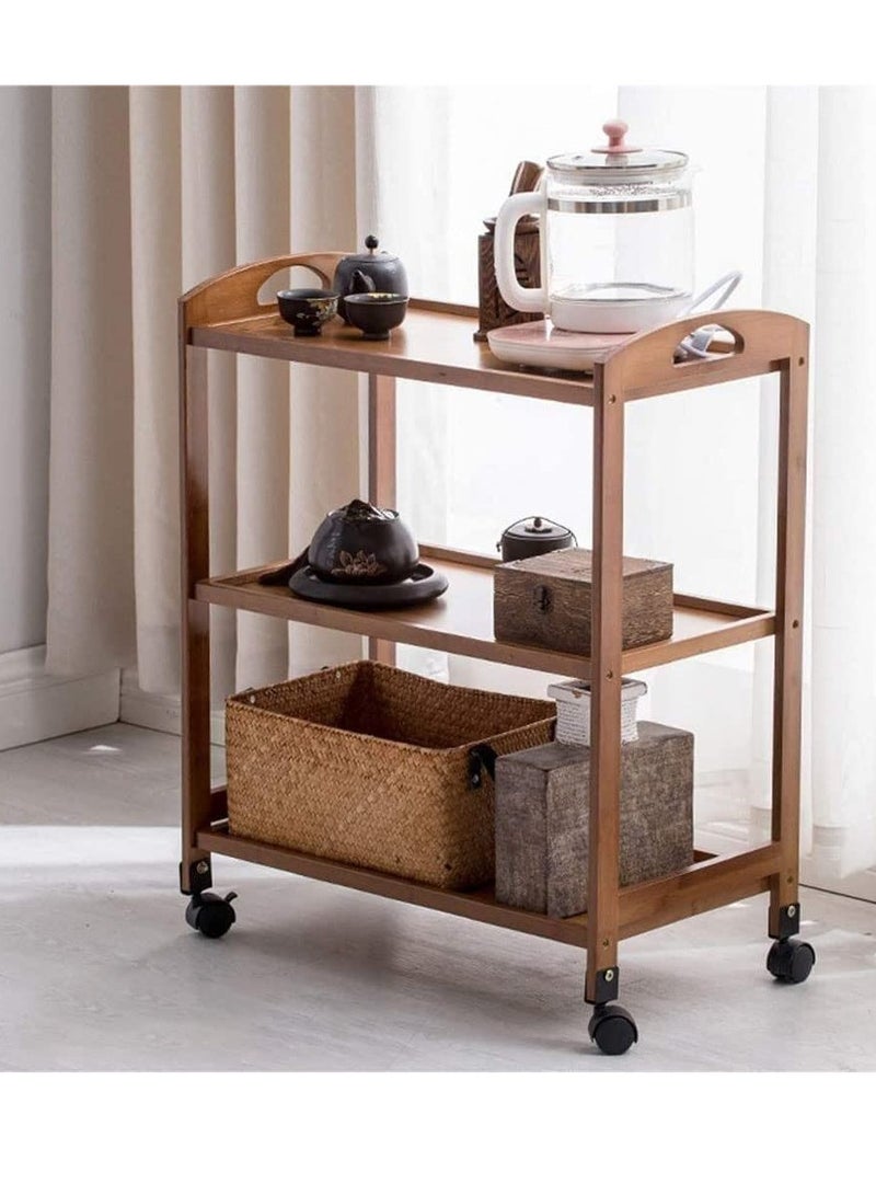 FFD 3 Floor Bamboo Serving Cart 66x33x78cm, Kitchen Trolley Kitchen Storage Rack Island Cart with Rotating Wheels Storage Shelf Rack Storage Trolley Storage Shelf - Image 1
