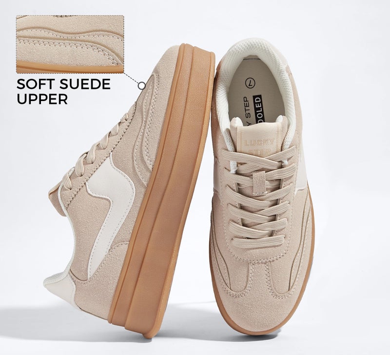 LUCKY STEP Women's Platform Fashion Sneakers Thick Sole Suede Faux Leather Classic Rubber Gum Sole Low Top Casual Walking Shoes(Beige,8.5 B(M) US) - Image 4