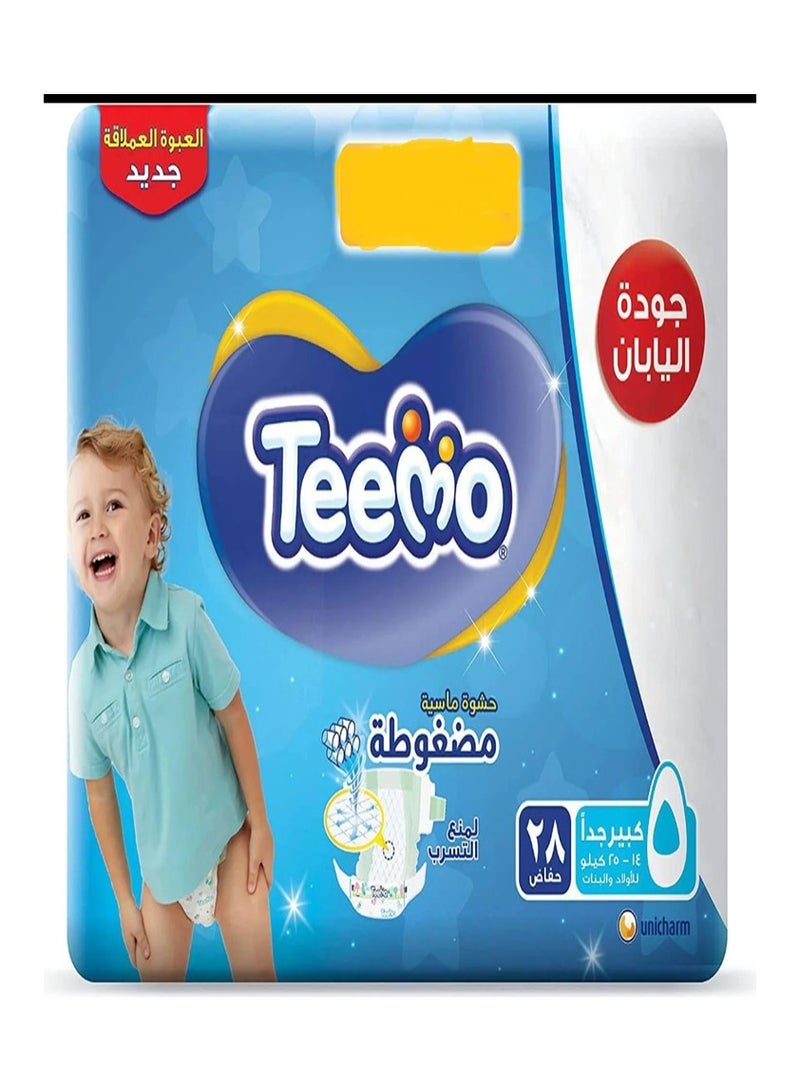 Teemo Compressed Diamond Pad, Size 5 Junior, 14 to 23 kg, Jumbo Pack, 28 Diapers