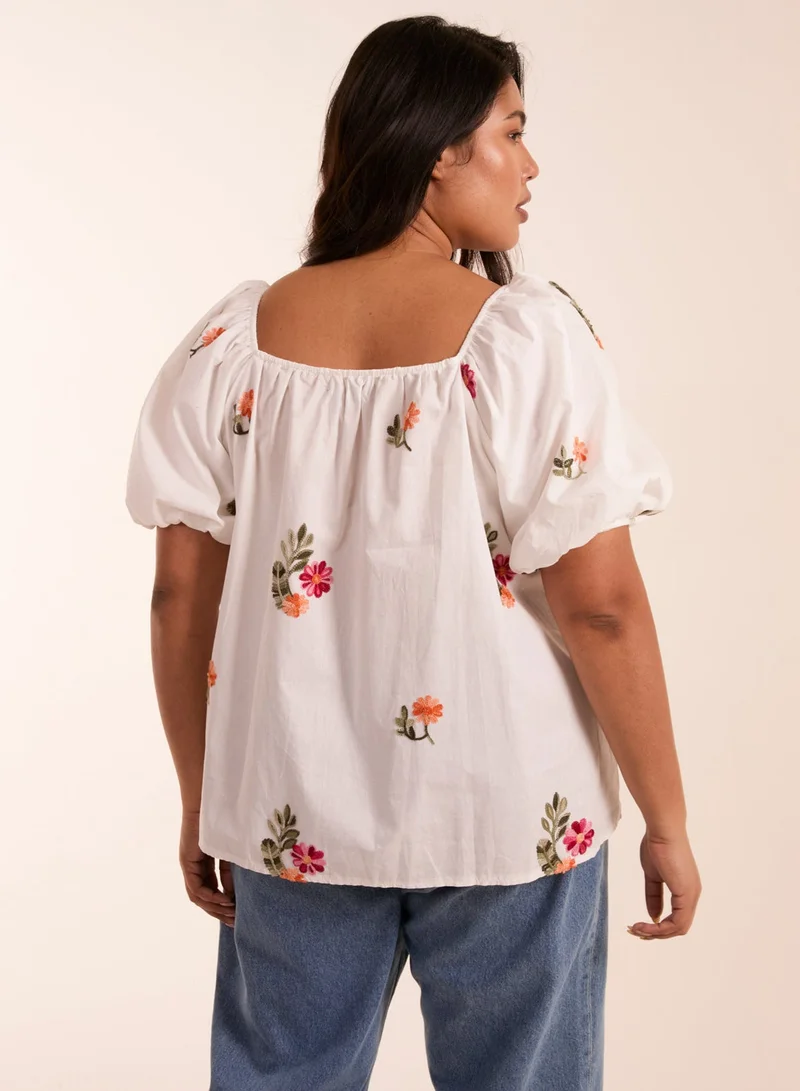 Blue Vanilla Curve Milkmaid Flower Embroidered Top