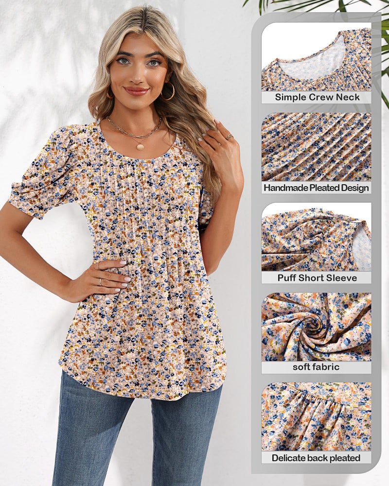 Ficerd Women's Puff Short Sleeve Tunic Tops Pleated Crew Neck Summer Blouses Dressy Casual Loose T Shirts(Medium,Pink Flower) - Image 3
