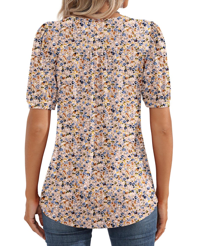 Ficerd Women's Puff Short Sleeve Tunic Tops Pleated Crew Neck Summer Blouses Dressy Casual Loose T Shirts(Medium,Pink Flower) - Image 2