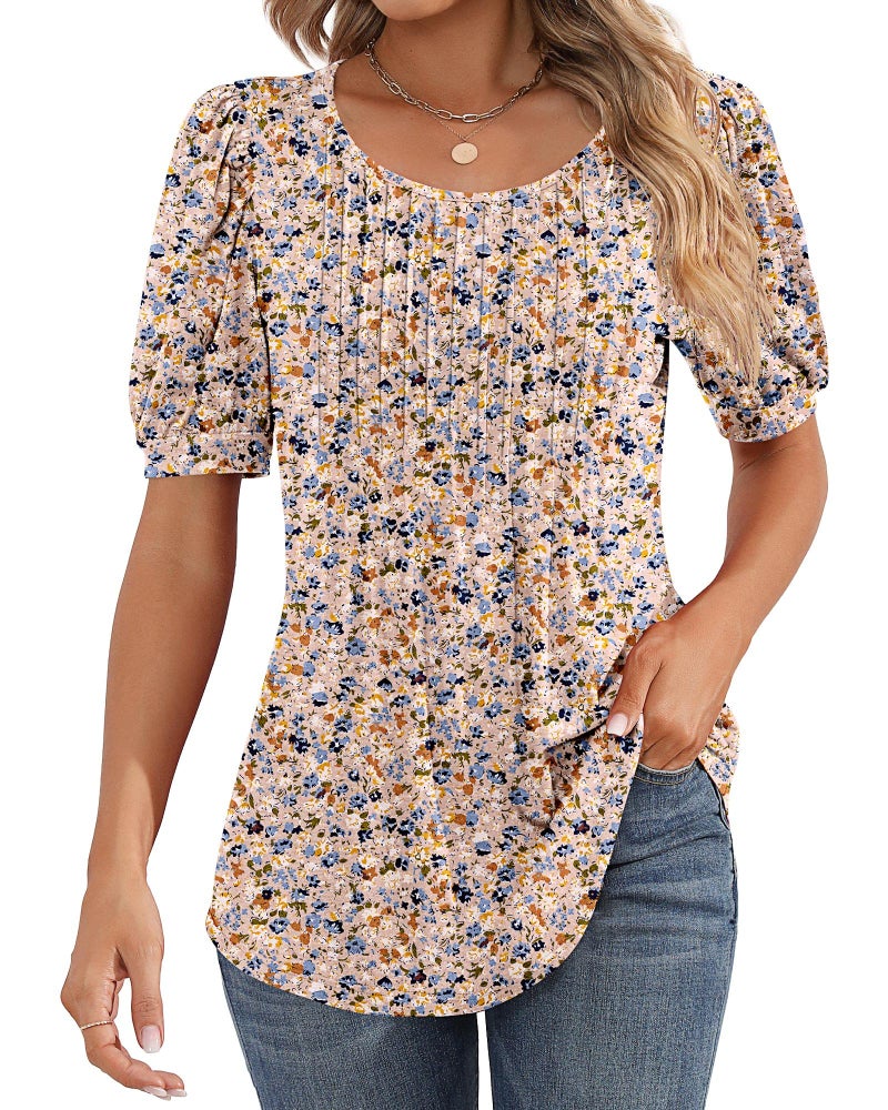 Ficerd Women's Puff Short Sleeve Tunic Tops Pleated Crew Neck Summer Blouses Dressy Casual Loose T Shirts(Medium,Pink Flower) - Image 5