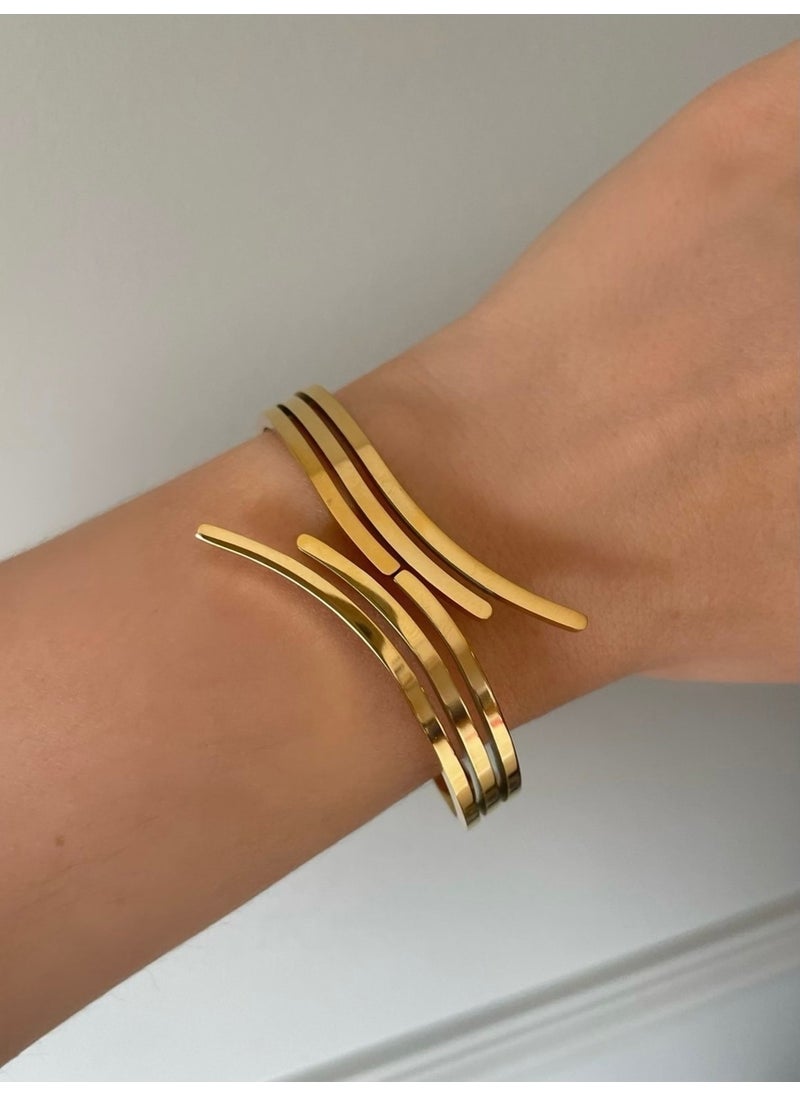 Emy By Emel Luxury Silver Jewelry - Steel Handcuff Bracelet Gold Plated - Image 1