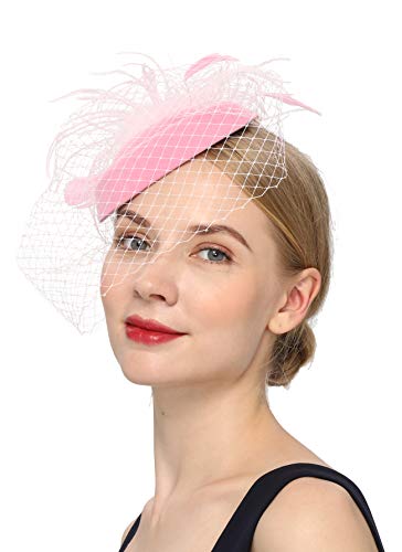Cizoe Fascinators Hats 20s 50s Hat Pillbox Hat Cocktail Tea Party Headwear with Veil for Girls and Women(B-Pink) - Image 3