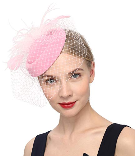 Cizoe Fascinators Hats 20s 50s Hat Pillbox Hat Cocktail Tea Party Headwear with Veil for Girls and Women(B-Pink) - Image 5