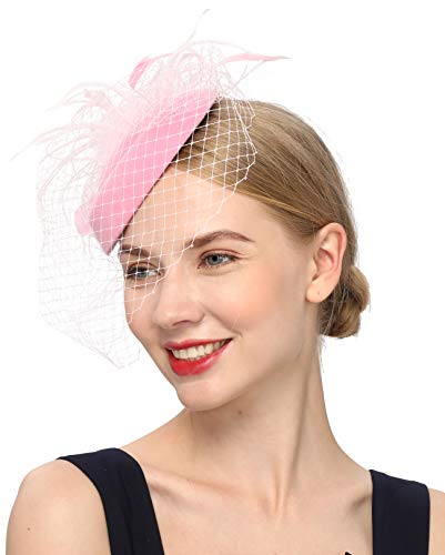 Cizoe Fascinators Hats 20s 50s Hat Pillbox Hat Cocktail Tea Party Headwear with Veil for Girls and Women(B-Pink) - Image 2
