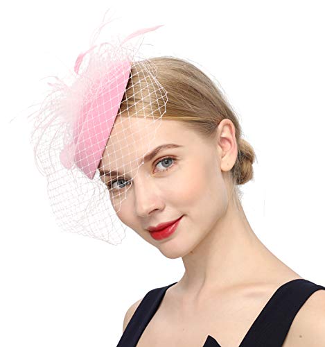 Cizoe Fascinators Hats 20s 50s Hat Pillbox Hat Cocktail Tea Party Headwear with Veil for Girls and Women(B-Pink) - Image 4