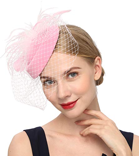 Cizoe Fascinators Hats 20s 50s Hat Pillbox Hat Cocktail Tea Party Headwear with Veil for Girls and Women(B-Pink) - Image 1