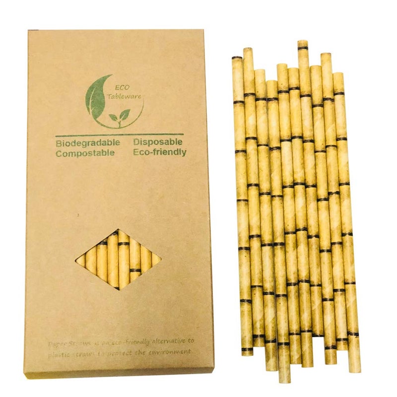 Bamboo Paper Straws Yellow 100 Packs 100 Biodegradable Yellow Bamboo Design Disposable Cocktail Straws Drinking for Juice Coffee Soda Smoothies