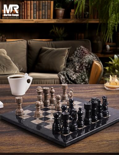 MARBLE RANGE Marble Chess Set for Adults 12" Handmade Black & Oceanic Board Game with 32 Chess Pieces, 2 Extra Queens & Storage Box, Luxury Travel Game, Elegant Gift for Home Decor - Image 2
