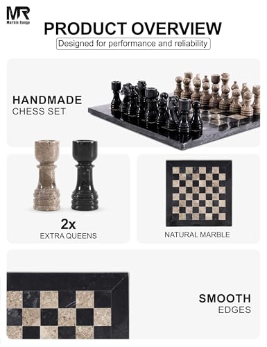 MARBLE RANGE Marble Chess Set for Adults 12" Handmade Black & Oceanic Board Game with 32 Chess Pieces, 2 Extra Queens & Storage Box, Luxury Travel Game, Elegant Gift for Home Decor - Image 5