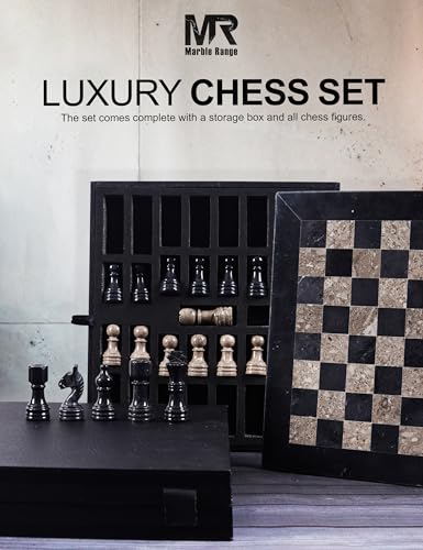 MARBLE RANGE Marble Chess Set for Adults 12" Handmade Black & Oceanic Board Game with 32 Chess Pieces, 2 Extra Queens & Storage Box, Luxury Travel Game, Elegant Gift for Home Decor - Image 4