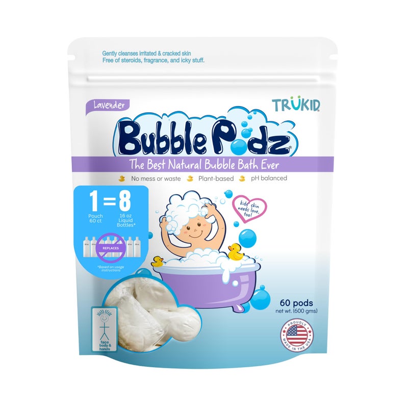 TruKid Bubble Podz Bubble Bath for Baby & Kids, Gentle Refreshing Bath Bomb for Sensitive Skin, pH Balance 7 for Eye Sensitivity, Natural Moisturizers and Ingredients, Lavender (60 Podz) - Image 1