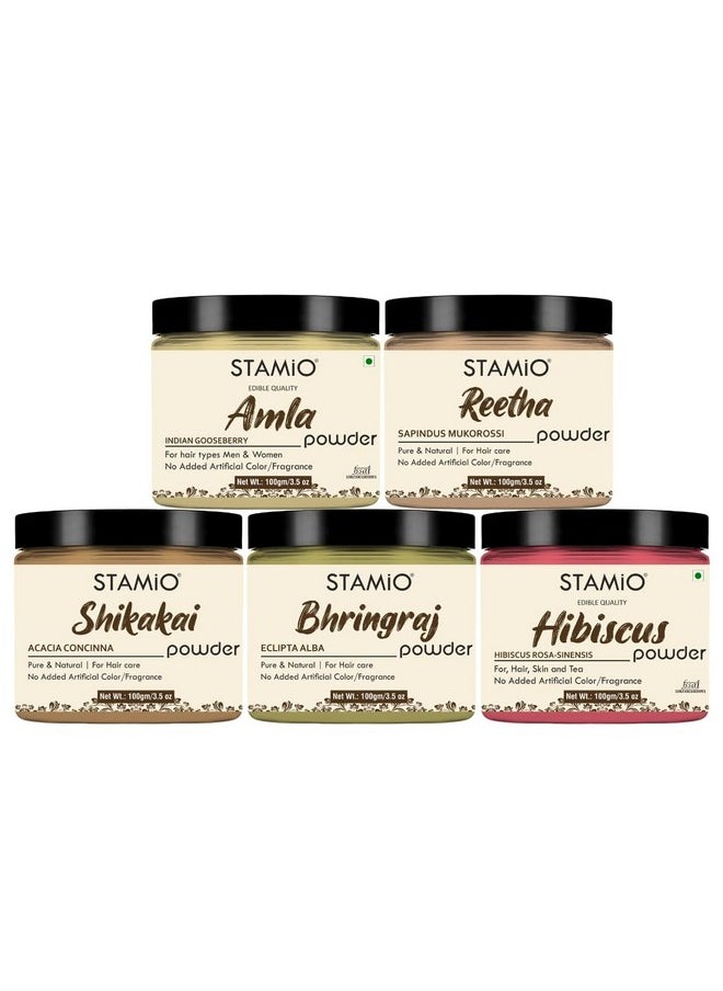 STAMIO Amla Reetha Shikakai Bhringraj Hibiscus Powder 500 gm Combo for Hair Pack, Wash, Mask, DIY | Seedless Indian Gooseberry, Pure Aritha, Acacia concinna, Eclipta alba, Gudhal Flower | Natural Cleanser | In Jar 100gm X 5 - pzsku/Z6CB22B87140460FCEC42Z/45/_/1738305717/dd274a68-7b26-44ec-a175-9a773666b18b