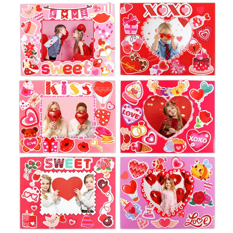 DERAYEE 24 Pack Valentines Picture Frame Craft Kits with Stickers, DIY Sweet Love XOXO Heart Paper Photo Frames for Kids Valentine's Day Gifts School Classroom Activities - Image 1