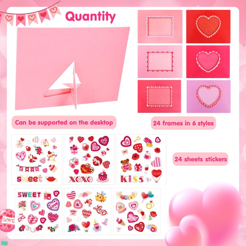 DERAYEE 24 Pack Valentines Picture Frame Craft Kits with Stickers, DIY Sweet Love XOXO Heart Paper Photo Frames for Kids Valentine's Day Gifts School Classroom Activities - Image 2