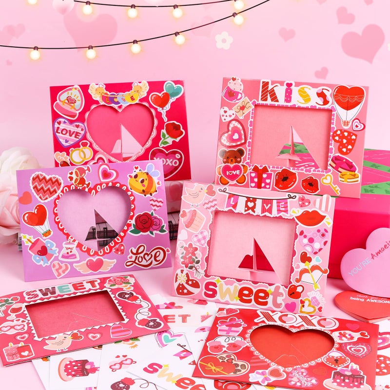 DERAYEE 24 Pack Valentines Picture Frame Craft Kits with Stickers, DIY Sweet Love XOXO Heart Paper Photo Frames for Kids Valentine's Day Gifts School Classroom Activities - Image 5