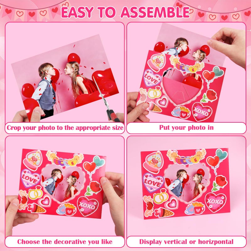 DERAYEE 24 Pack Valentines Picture Frame Craft Kits with Stickers, DIY Sweet Love XOXO Heart Paper Photo Frames for Kids Valentine's Day Gifts School Classroom Activities - Image 4