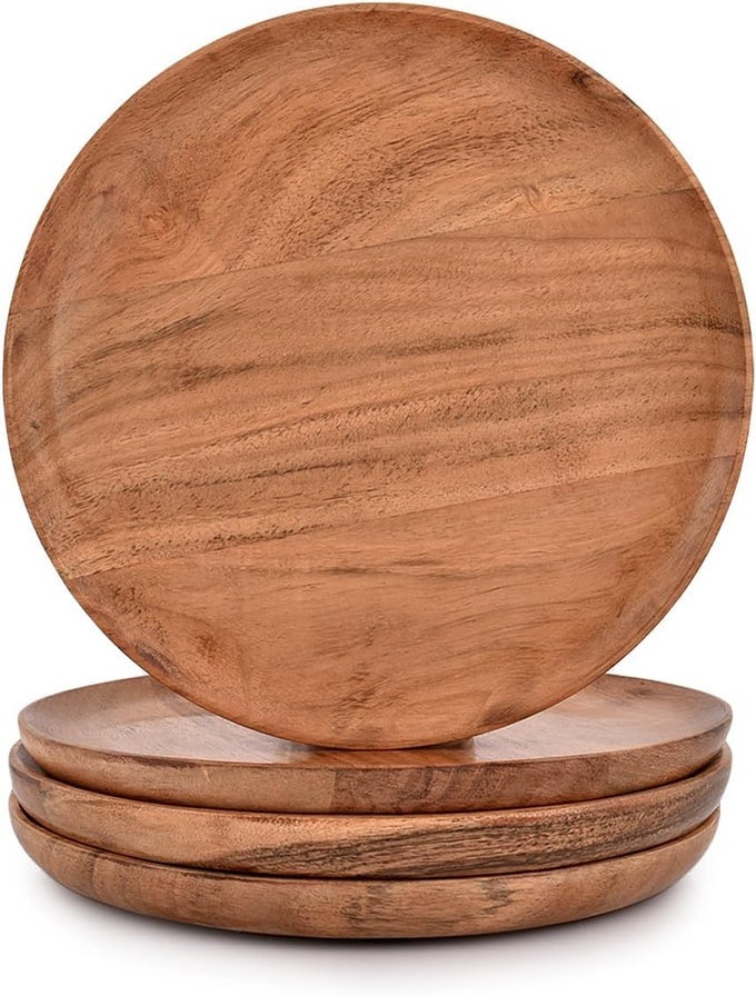 ACACIA WOOD DINNER PLATES SET OF 4 FOR DISHES SNACK DESSERT NATURAL WOOD PLATES SERVING DINNERWARE PLATE FOR DINNER 8 X 8 X 075