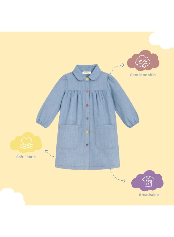 Luay Girls Denim Frock | Stylish Full Sleeve Dress for Kids | Soft Cotton Denim | Casual Party Wear Outfit for Baby Girls | Fashion Blue - Image 3