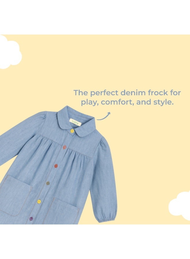 Luay Girls Denim Frock | Stylish Full Sleeve Dress for Kids | Soft Cotton Denim | Casual Party Wear Outfit for Baby Girls | Fashion Blue - Image 2