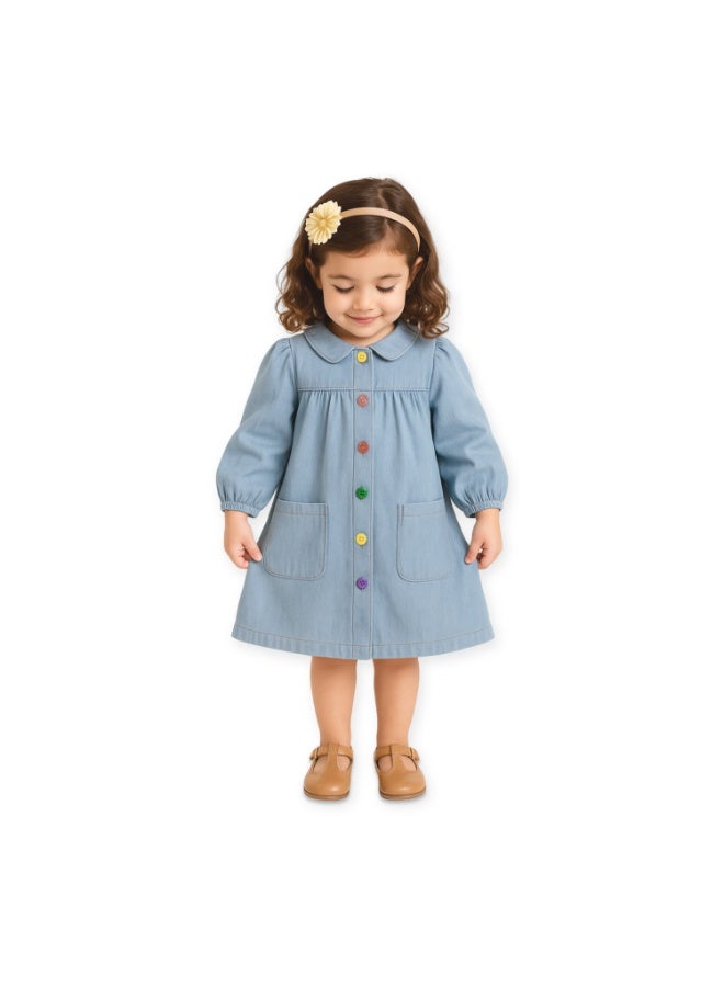 Luay Girls Denim Frock | Stylish Full Sleeve Dress for Kids | Soft Cotton Denim | Casual Party Wear Outfit for Baby Girls | Fashion Blue - Image 1